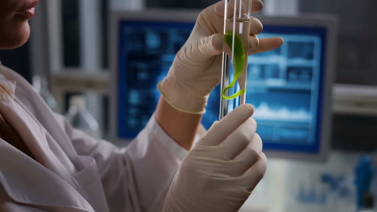 Scientist in a lab coat holding a test tube with a plant inside in a laboratory setting