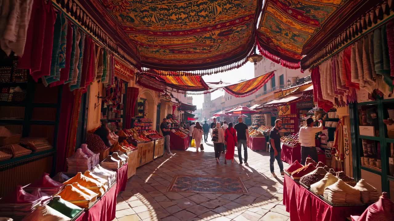 Vibrant market scene captured from a low angle, showcasing colorful textiles and bustling activity