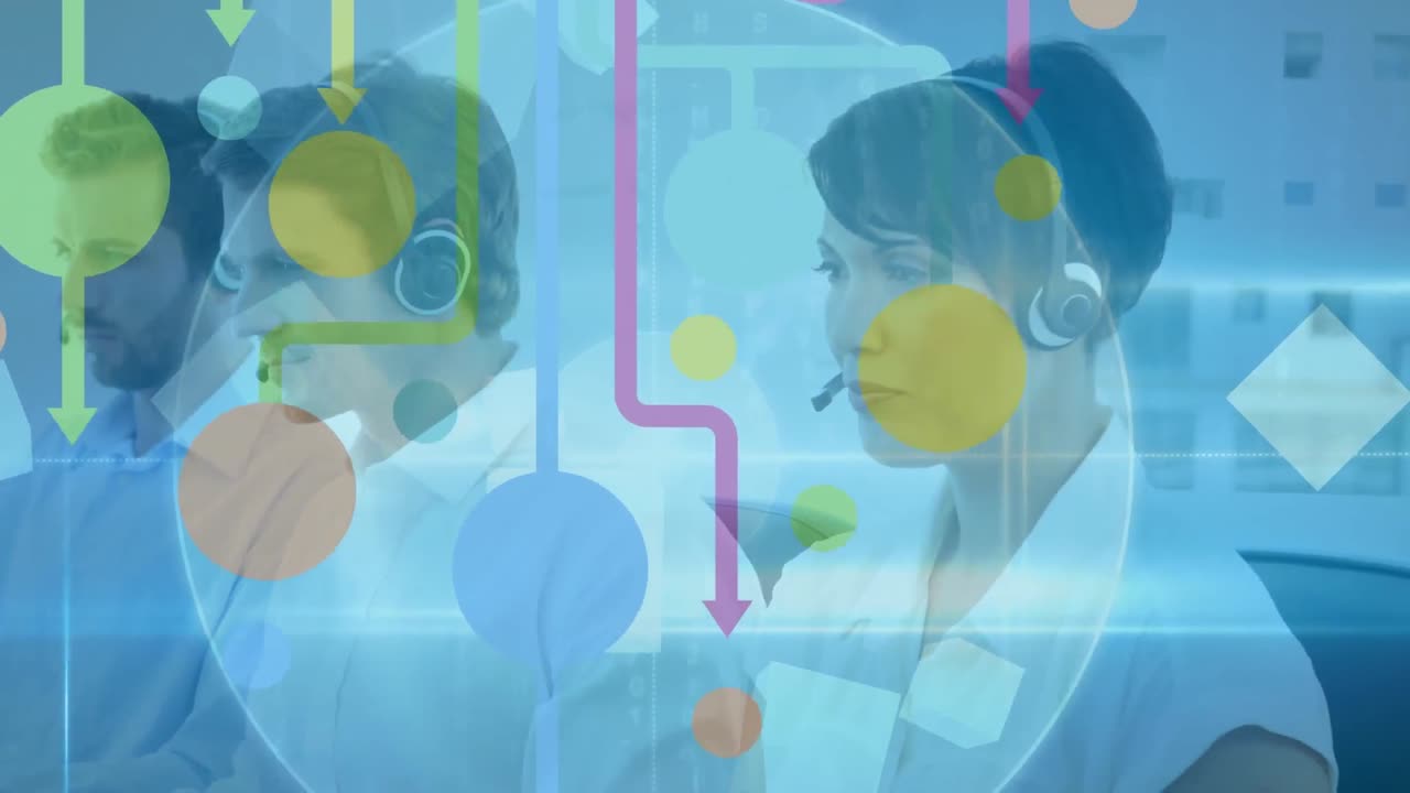 전화 헤드 ⁇ 을 사용하는 비즈니스 사람들에 대한 아이콘과 연결 네트워크의 애니메이션