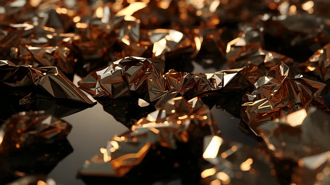 Camera dollying, panning right revealing crumpled metallic foil fragments on reflective dark plane