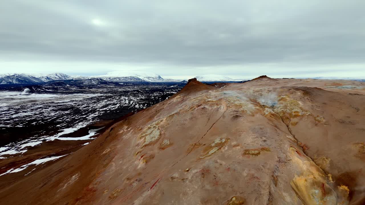 Drone footage of the sulfuric geothermal fields at Námafjall Hverir in northern Iceland. filled with steaming vents, bubbling mud pots, and vivid yellow sulfur deposits