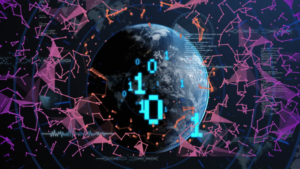 전 세계 데이터 처리 및 바이너리 코딩 연결의 애니메이션