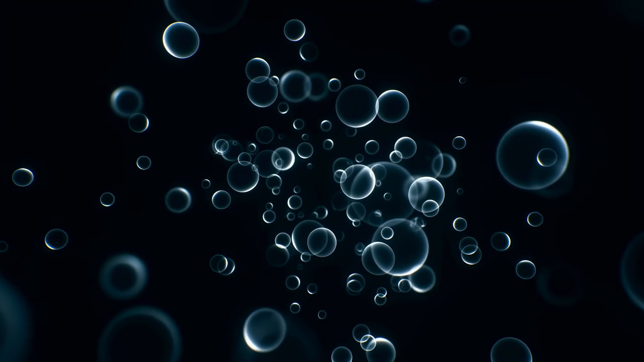Submerged Bubble Swarm Rising Through Water, Translucent Spheres Drift Toward Surface With Soft Glow And Dark