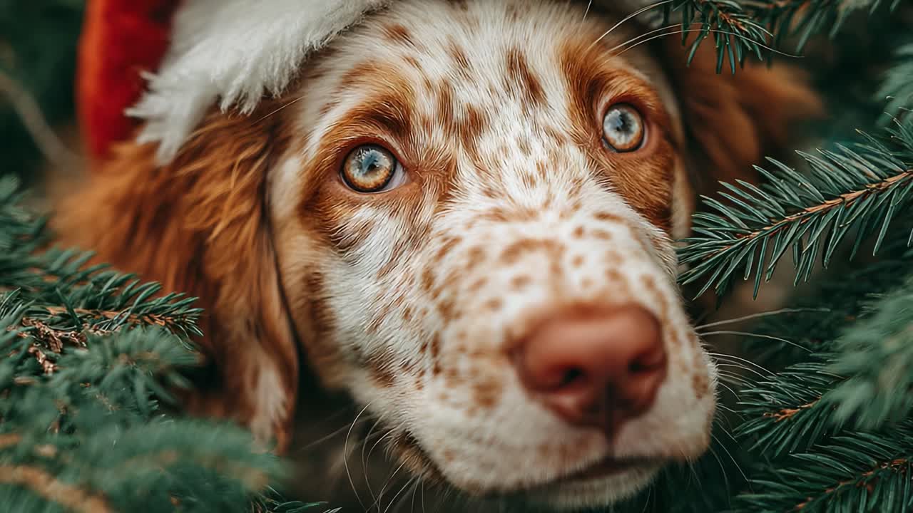 Adorable Dog Dressed in Santa Hat Peeking Through Pine Branches, Exuding Holiday Cheer and Playfulness in a Charming Winter Setting
