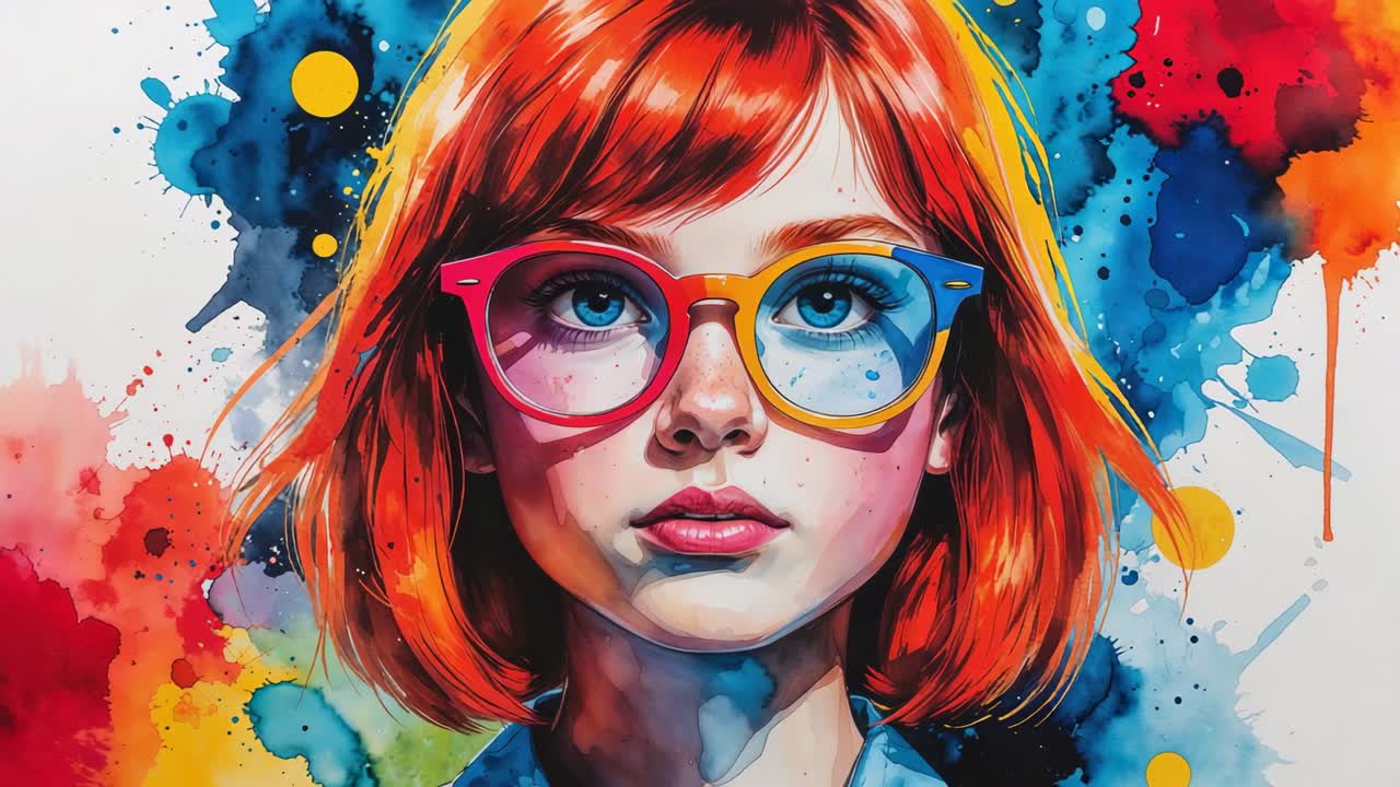 Zooming camera revealing red-haired girl portrait at wall, with colorful eyeglasses paint splatter