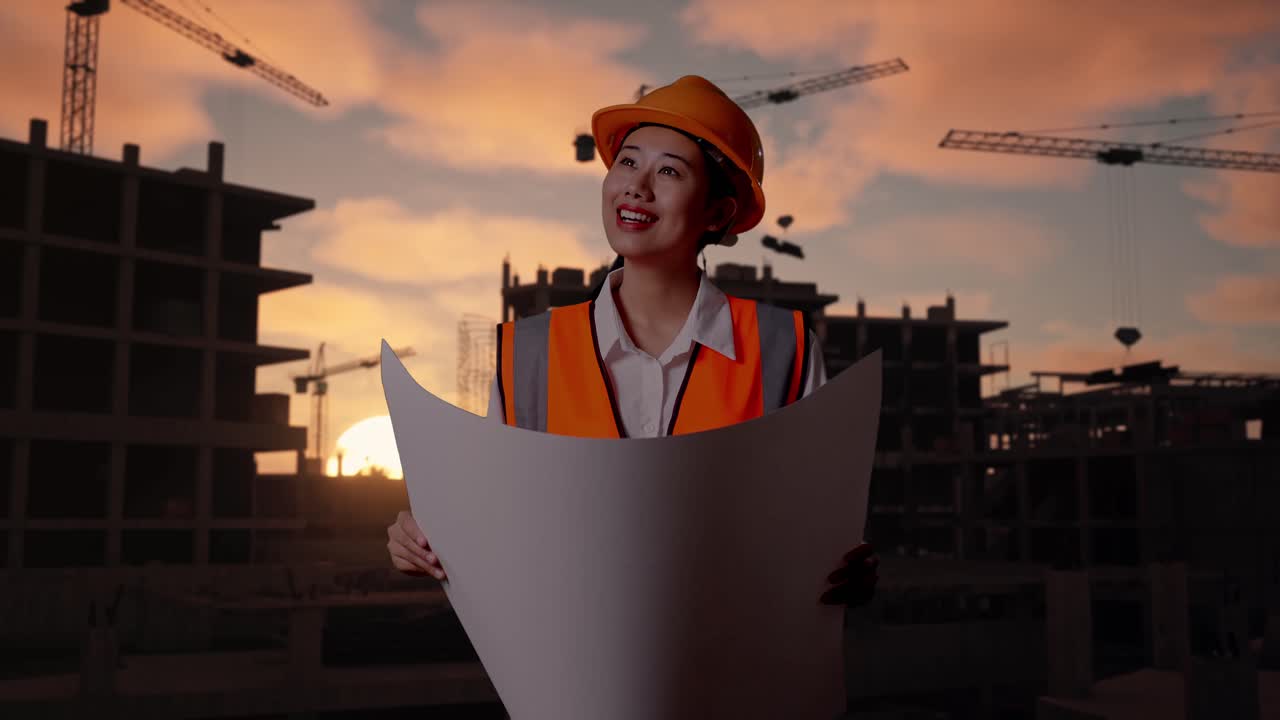 Asian Female Engineer With Safety Helmet Looking At Blueprint In Her Hands And Looking Around While Standing At Construction Site in Progress to New House