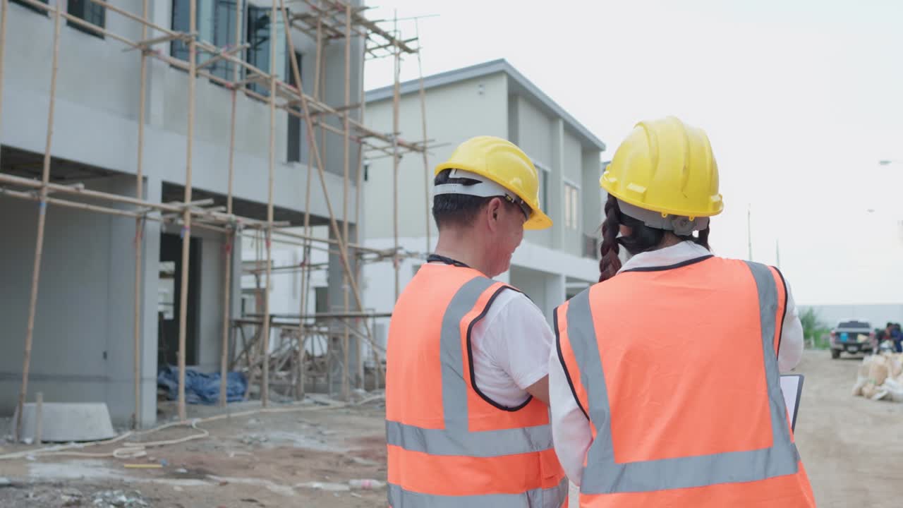 vista trasera de la mujer asiática ingeniera civil o arquitecta, inspector con contratista, capataz o trabajador usan casco de seguridad. colegas discutiendo, reuniéndose sobre el proyecto de construcción en el sitio.