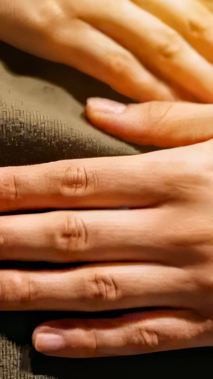 Vertical video: Sliding upper hand entering from top, brushing lower hand on green fabric adjusting