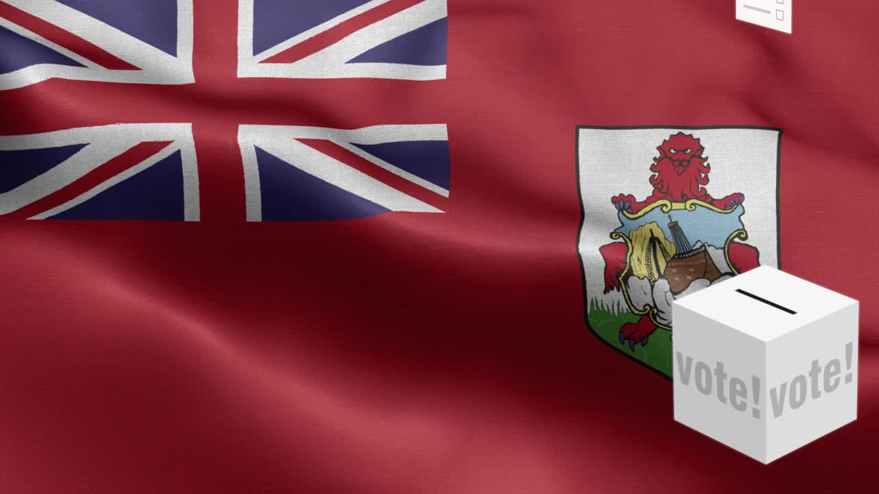 버뮤다 선택을 위해 투표용지가 박스에 날아갑니다. - 발 앞의 투표용지. - 선거. - 투표. - 버뮤다의 발. - 베뮤다 발의 높은 세부 사항. - 국가 발 버뮤다 파동 패턴. - 루프 가능한 요소. - 직물 질감과 끝없는 루프.