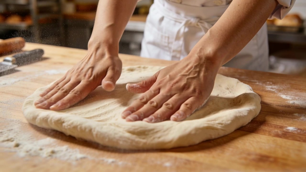 Placing flattened dough, hands pressing dough out on board at bakery, in apron, forming pizza base