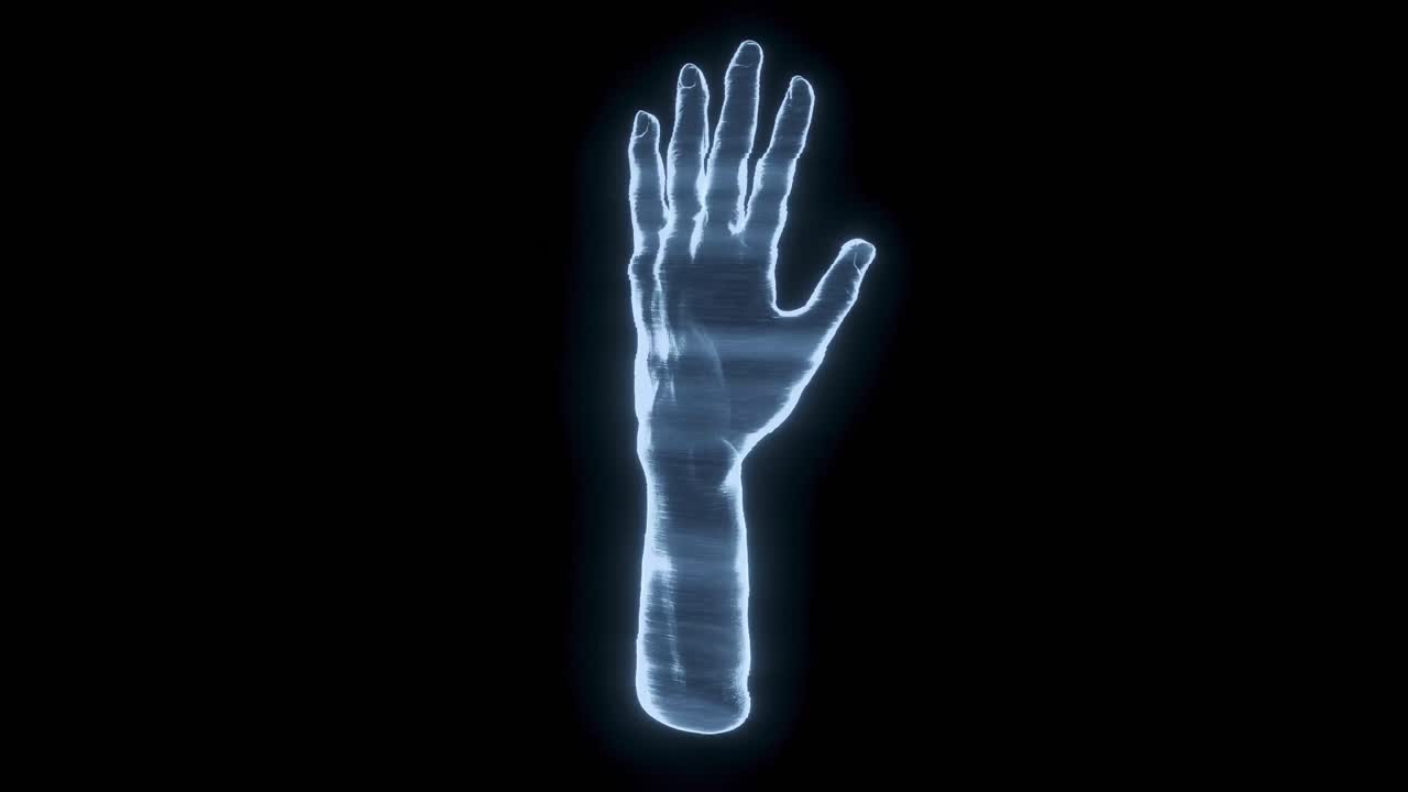 animación de una mano holográfica sobre un fondo negro