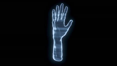 animación de una mano holográfica sobre un fondo negro