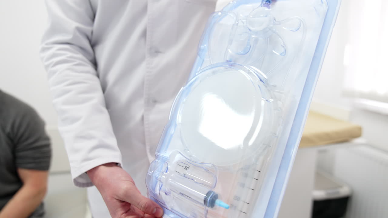 Unrecognized doctor wearing white robe displays the set for taking blood. Unknown patient sits at backdrop.