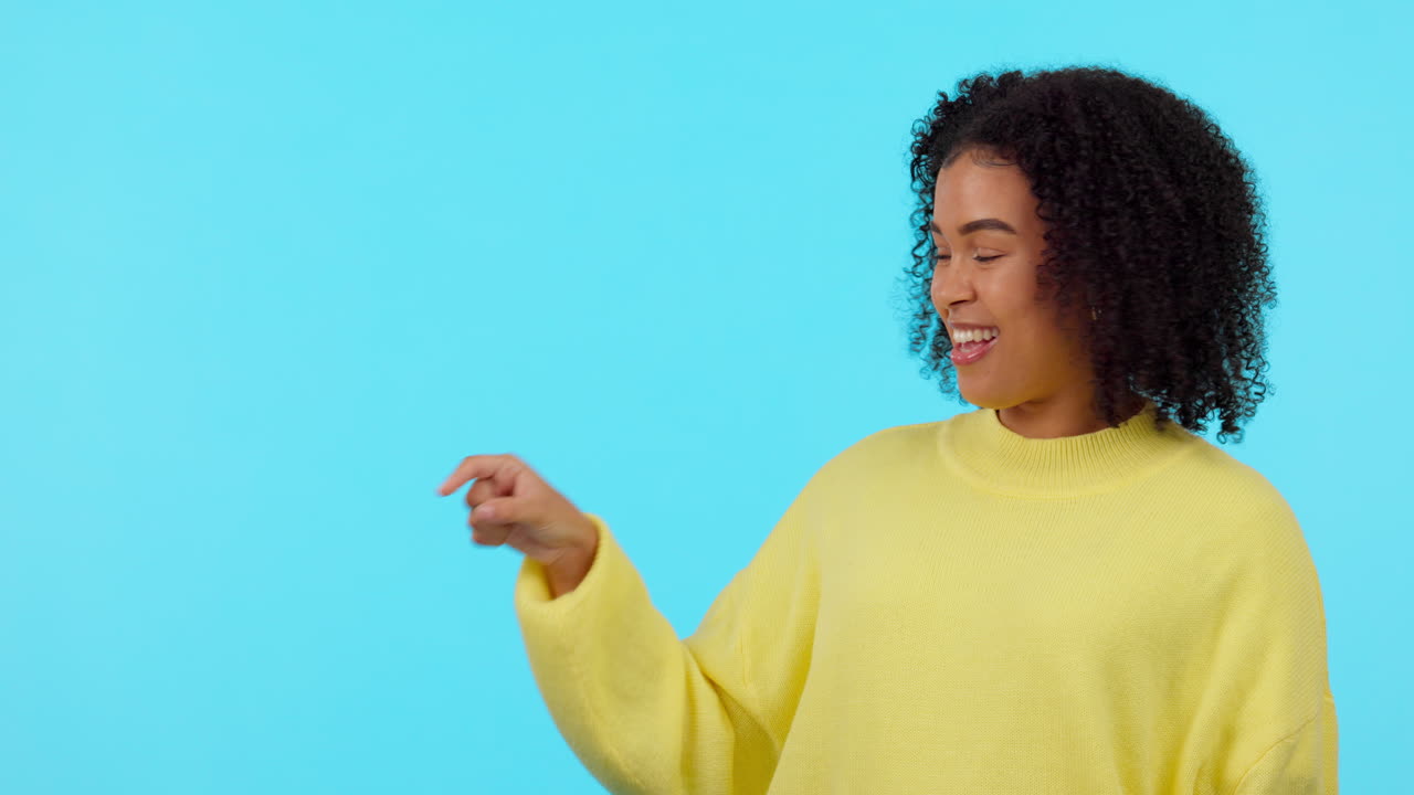 Face, funny and woman pointing to mockup in studio