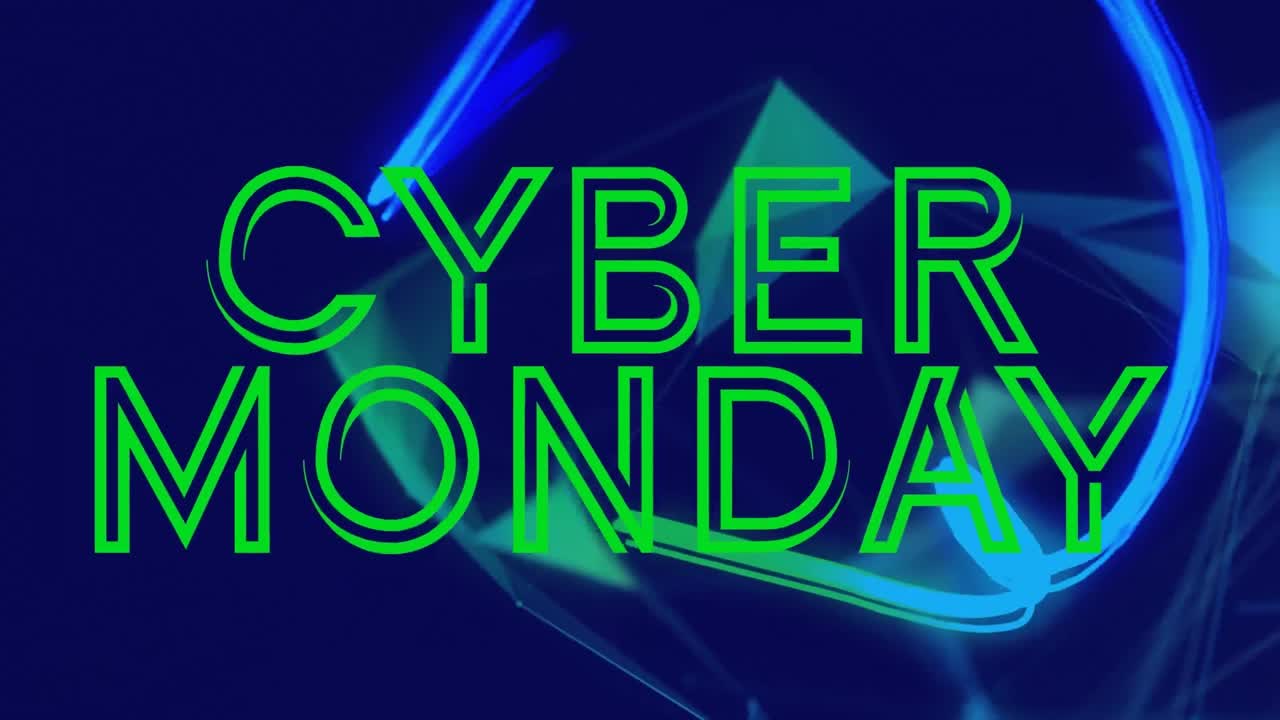 Animation of cyber monday text and lines moving on blue background