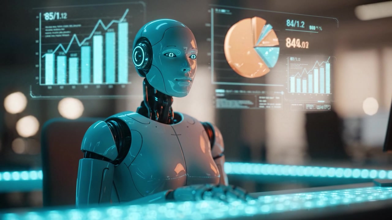 A highly advanced humanoid robot analyzing data on a futuristic interface, with graphs and charts illuminating its surroundings and emphasizing its analytical capabilities.