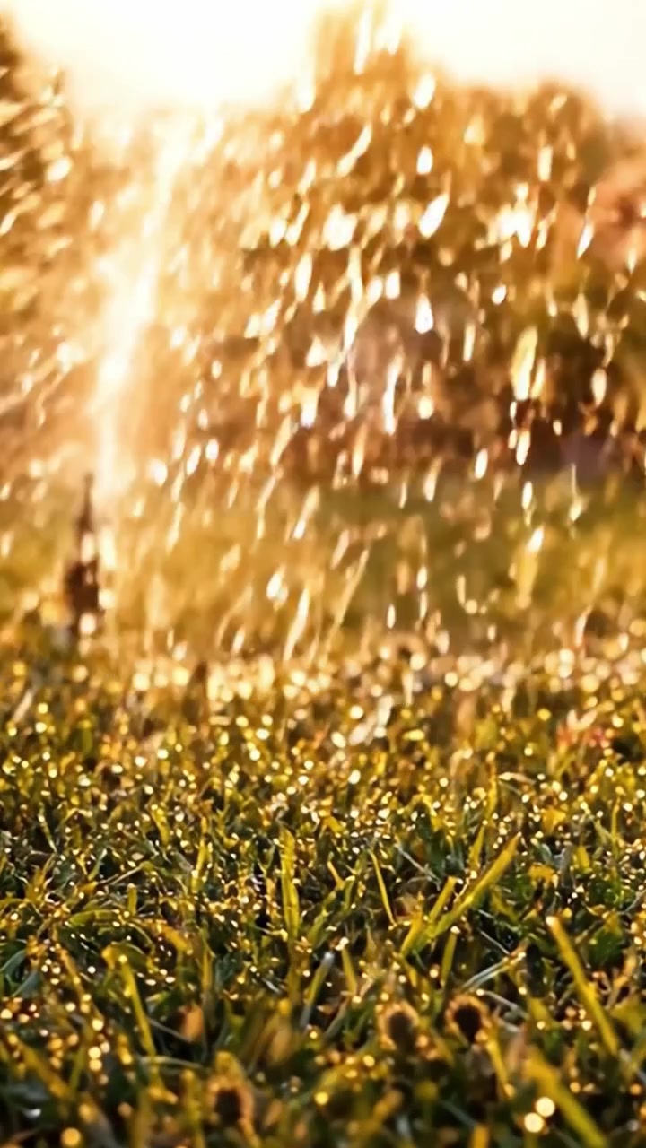 Una bellissima scena mattutina che rivela un irrigatore da giardino in azione, che nutre l'erba verde lussureggiante con goccioline d'acqua scintillanti sotto la gloriosa luce del sole