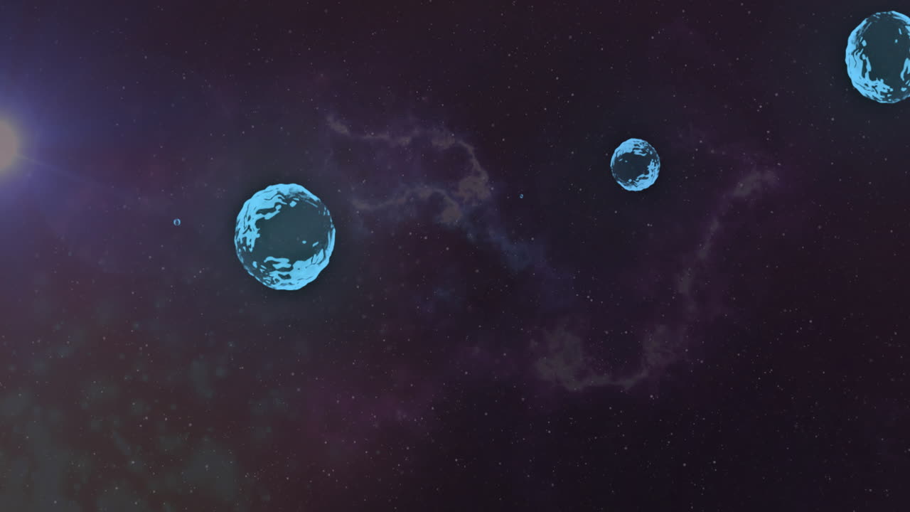 Floating blue planets in cosmic animation with distant stars in colorful space
