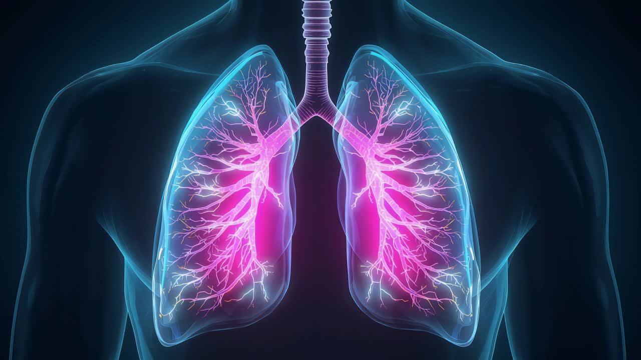 Modello di polmoni pulsante che enfatizza bronchi e trachea rosa su uno sfondo sfumato scuro durante il ciclo di luminanza.
