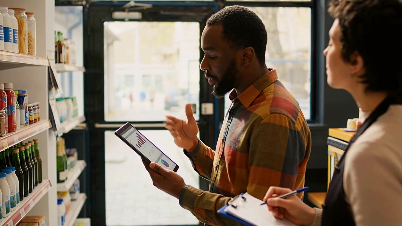 Reviewing audit, employees in plaid and apron consulting tablet near entrance, noting clipboard