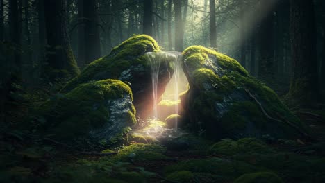 A Serene Forest Scene Featuring a Luminous Waterfall Cascading Over a Moss-Covered Rock, Bathed in Ethereal Light and Surrounded by Towering Trees