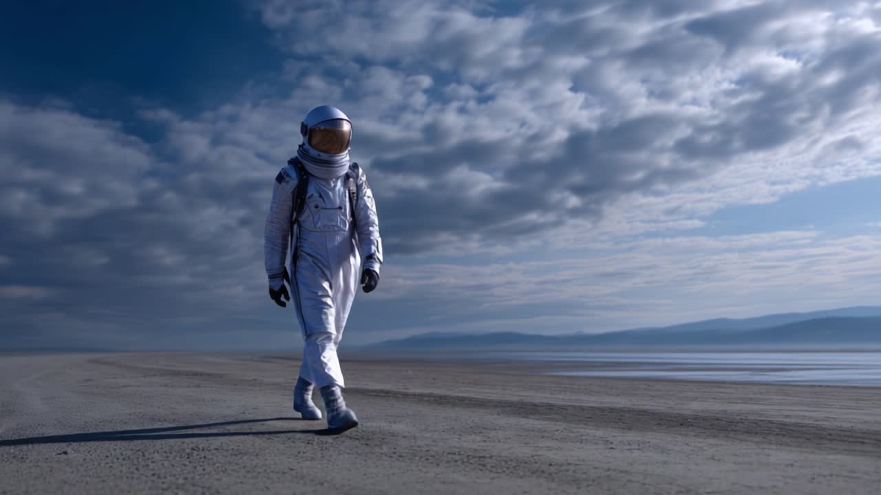Um astronauta caminha por uma paisagem desértica vasta e tranquila sob um céu nublado, explorando as infinitas possibilidades do universo além do nosso planeta.