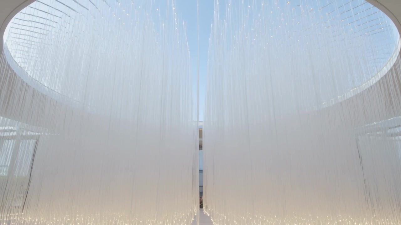 Widening central seam in light curtain revealing soft floor, silhouette walking toward skylight
