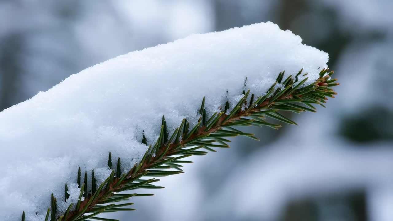 Nærbillede af stedsegrøn gren dækket af frisk sne