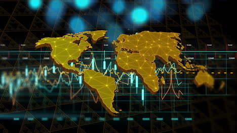 world map with financial data processing animation over grid and graphs