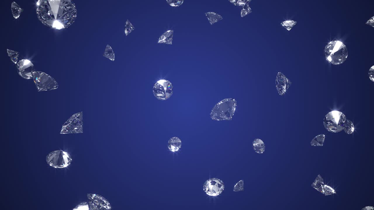 파란색 배경에 반이는 다이아몬드 3d 렌더링, 4k cg 애니메이션
