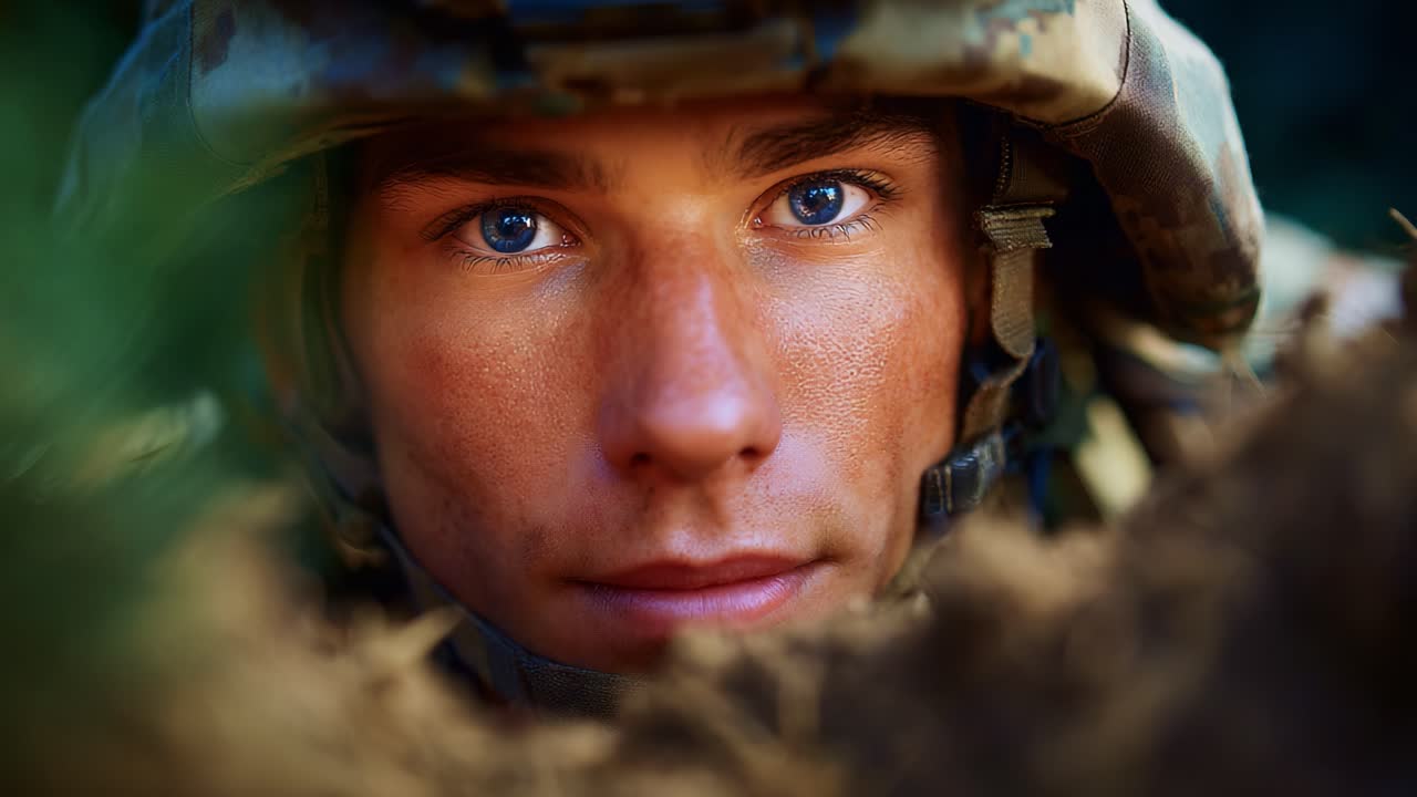 Intense Close-Up of a Soldier's Focused Expression in Camouflage, Capturing the Determination and Strength of Military Personnel in the Line of Duty