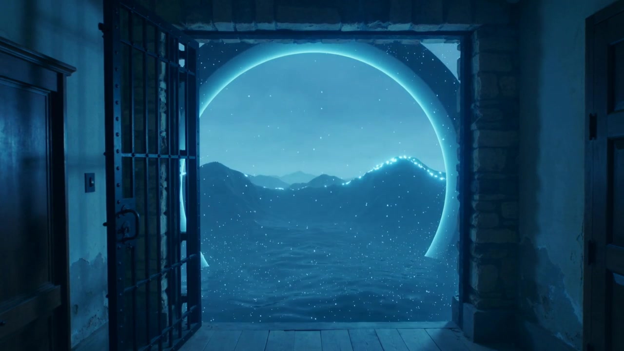 Forming luminous portal shifting from neon-ring into disc in stone room, metal gate revealing ocean