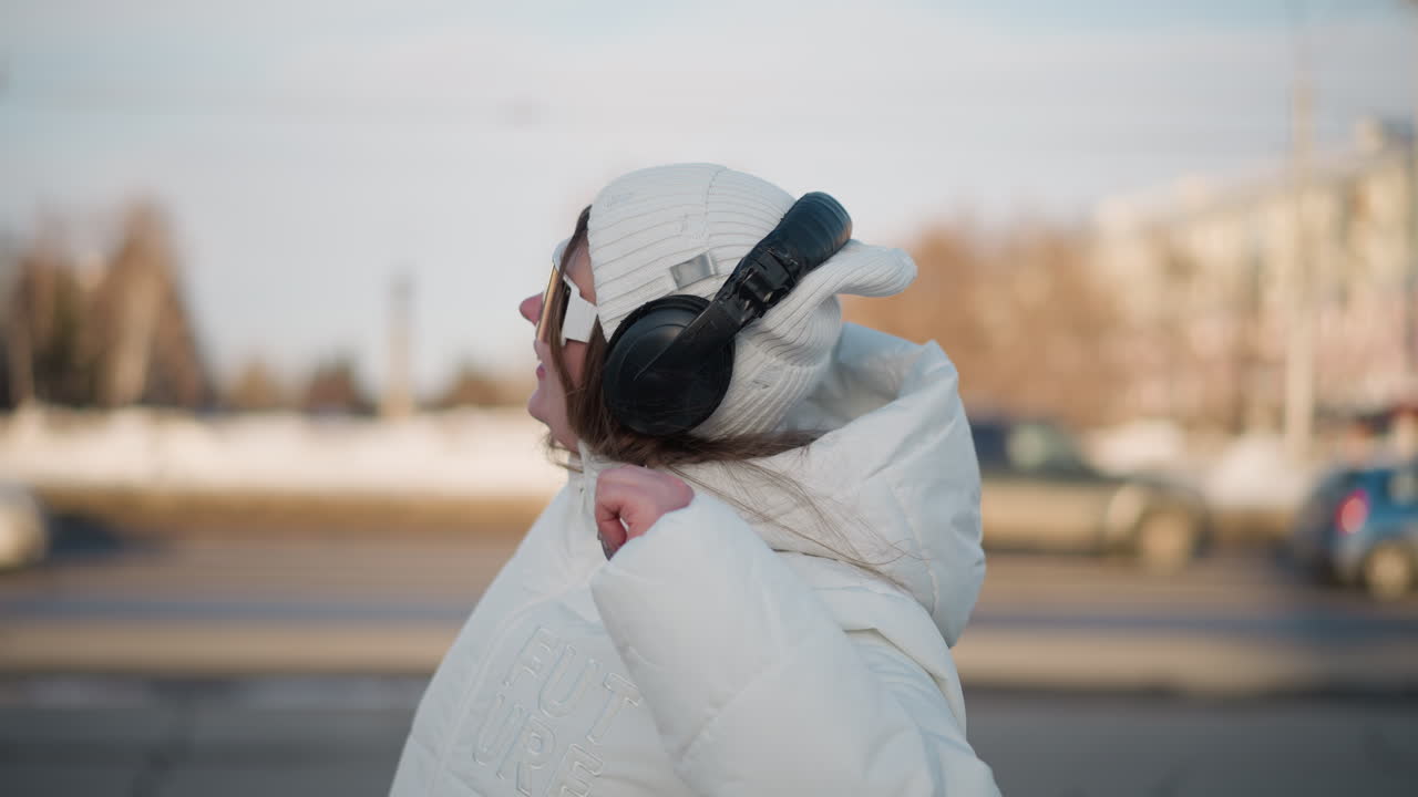 Close up view of student spinning joyfully in winter park wearing white coat, beanie, headphones, and sunglasses, arm raised, smiling under sunlight with blurred cars passing in snowy background