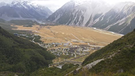 village in mount cook seen from red tarns track in south island, new zealand - wide shot
