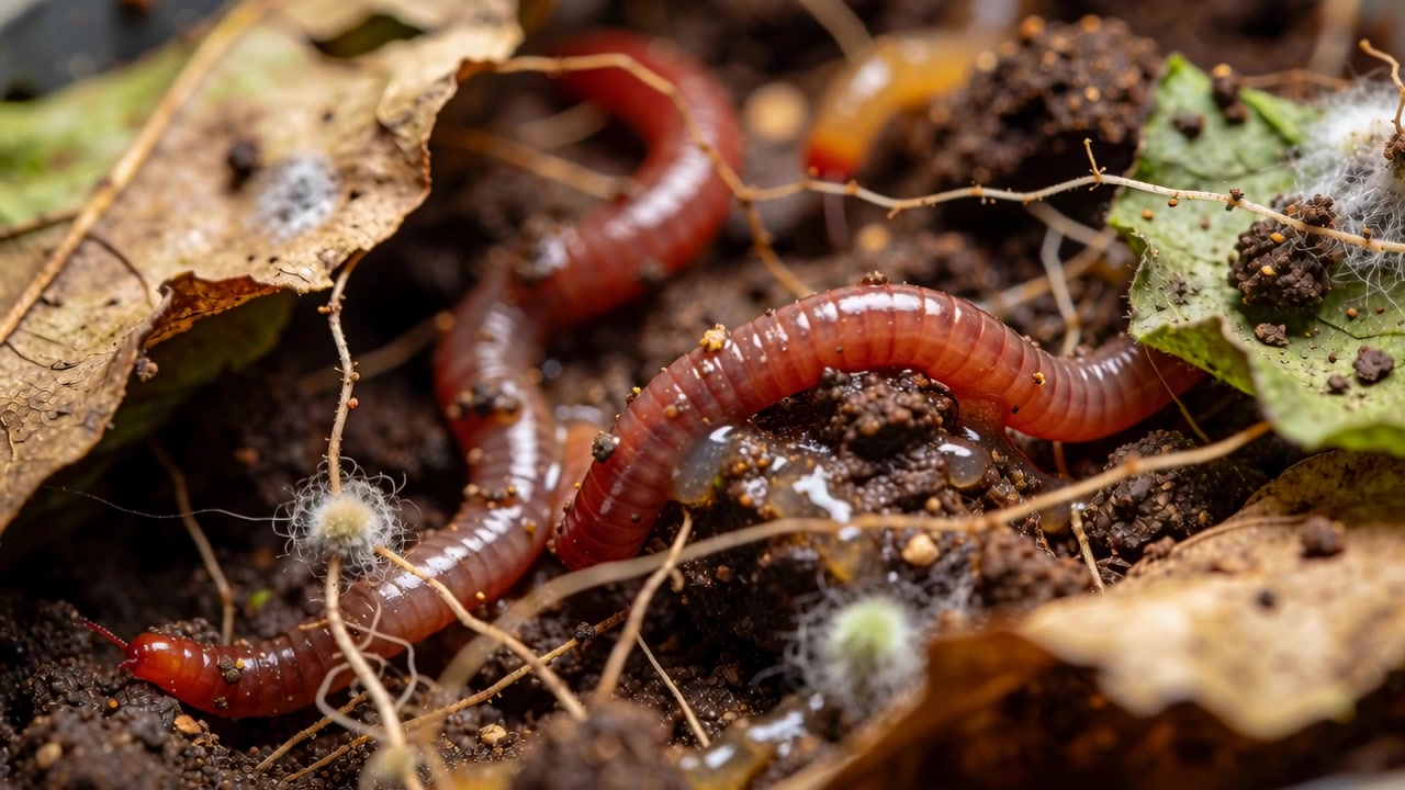 Lombrico rosso al centro che striscia attraverso la lettiera di foglie di compost, luccicante e reagendo all'umidità del terreno.