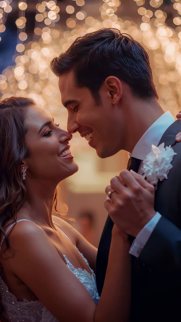 Vídeo vertical: novios juntando sus frentes y balanceándose en la recepción, ella con vestido de novia y él con esmoquin, luces cálidas
