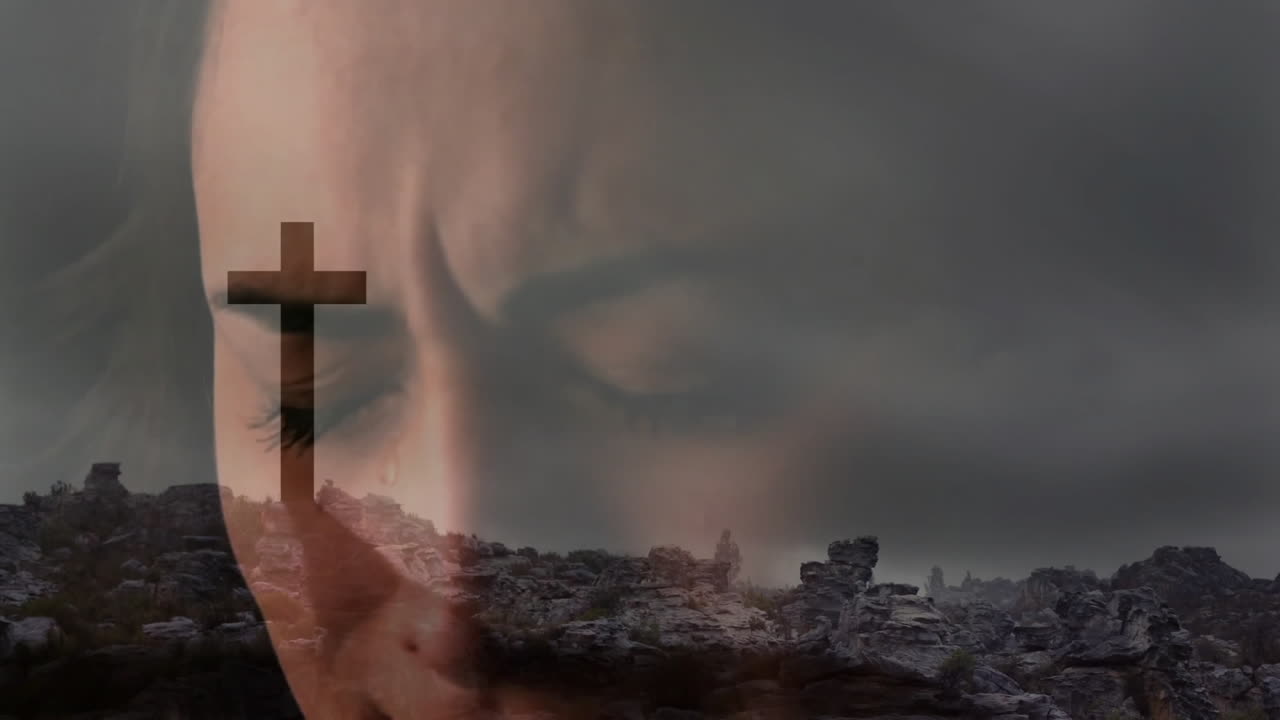 Contemplating spirituality, person with somber face in landscape with cross