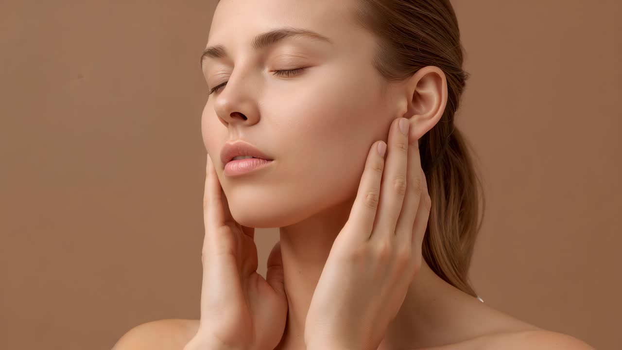 Cupping jawline, model shifting closed eyes to smile in studio, hands showing skincare, strapless