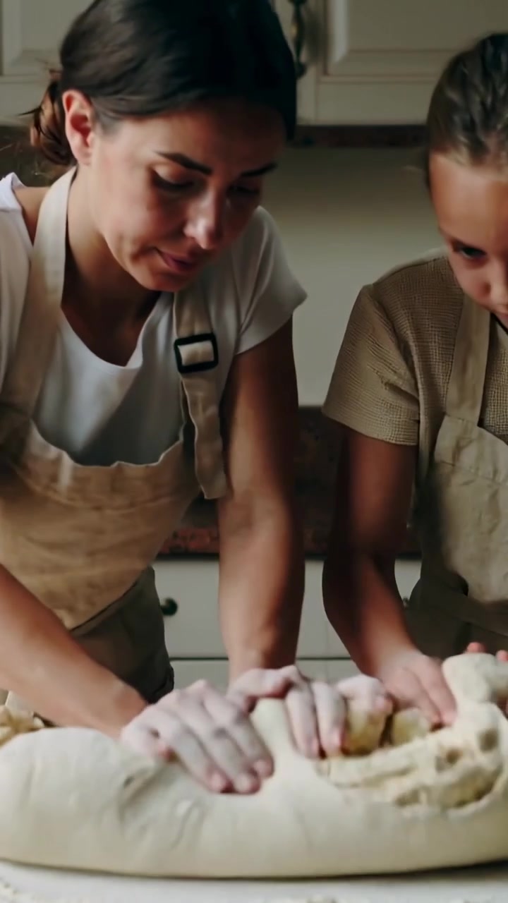 Vertical video: Starting floured dough, aproned parent-child pressing at counter, forming loaf