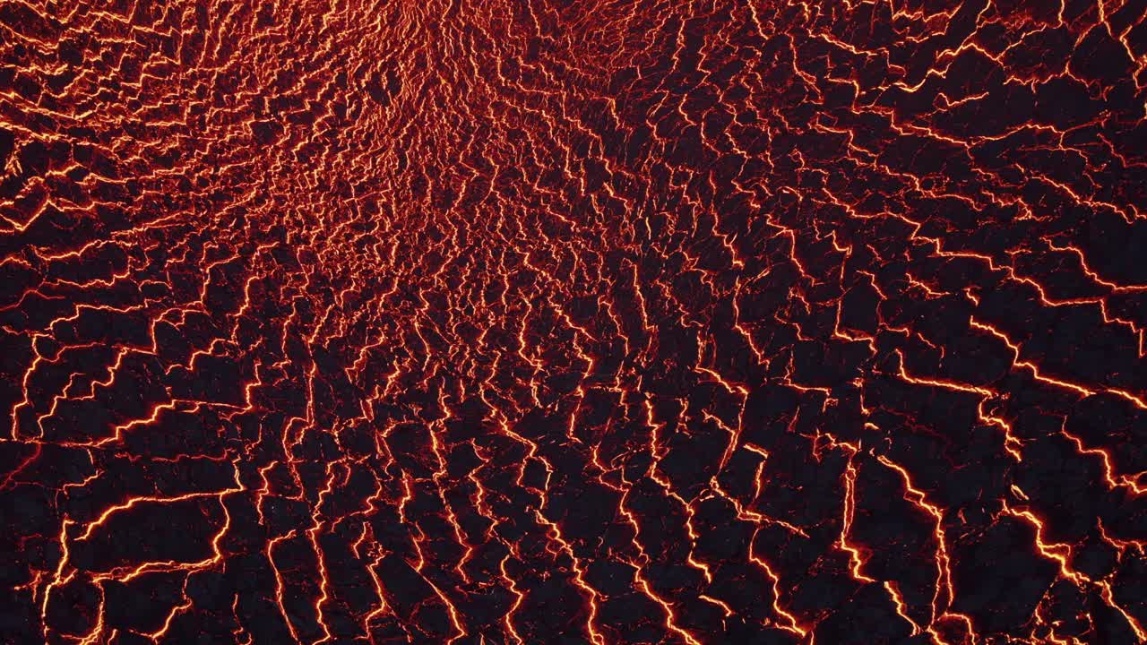 flujo de lava derretida con superficie agrietada negra, loco patrón como el infierno, volcán de islandia