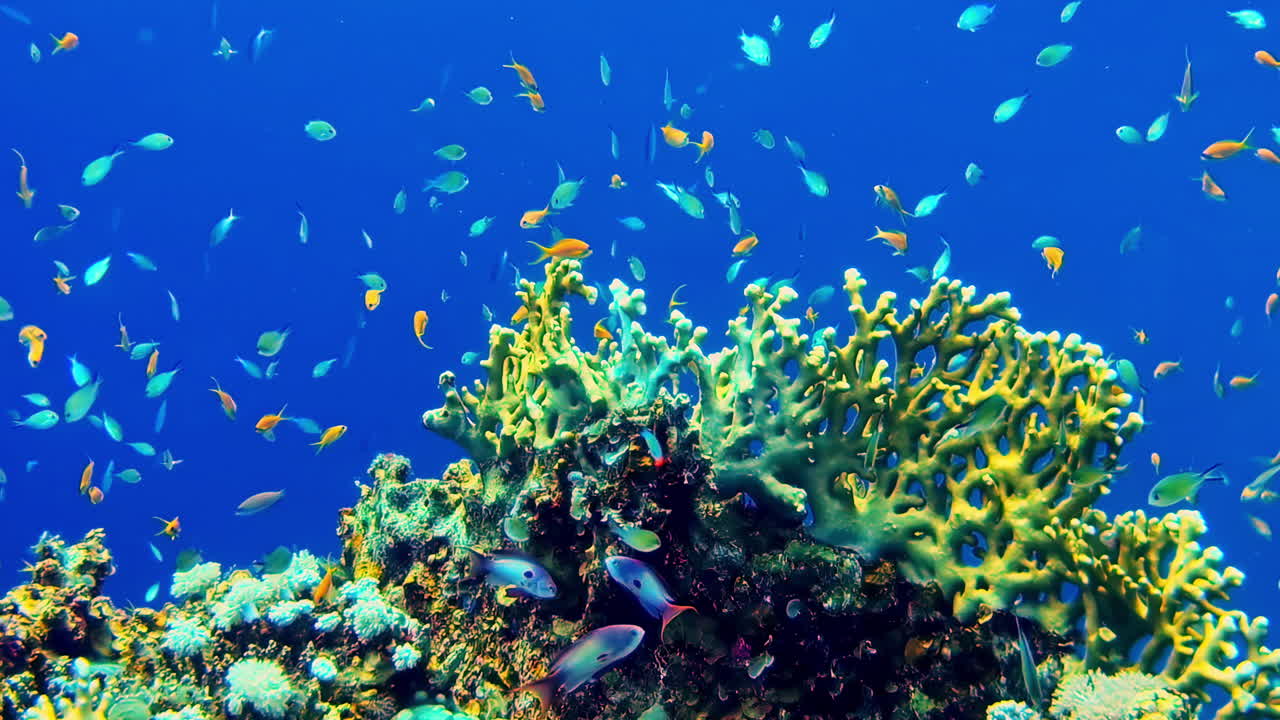 Colorful underwater world with deep colors, motion view