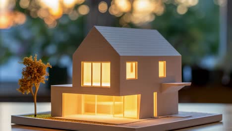 miniature architectural model revealing modern residential living through soft glowing windows against evening backdrop, capturing intimate home design essence