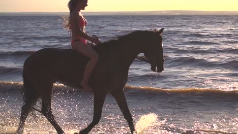 mujer montando a caballo en el océano al atardecer