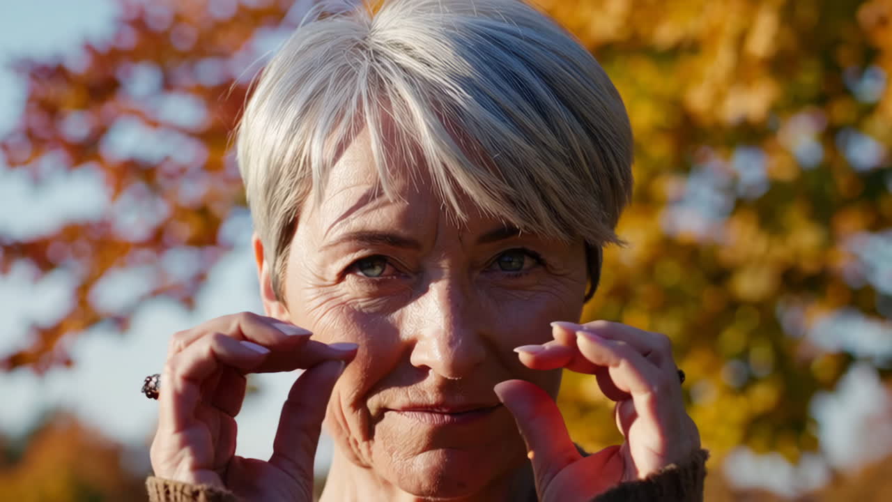 Senior Woman Forming a Heart with Hands in Autumn