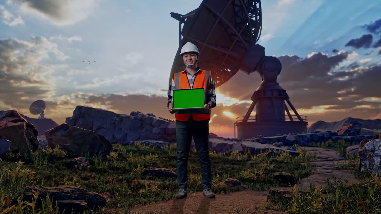 Full Body Of Asian Male Engineer With Safety Helmet Smiling And Showing Green Screen Laptop To The Camera While Standing With Large Satellite Dish