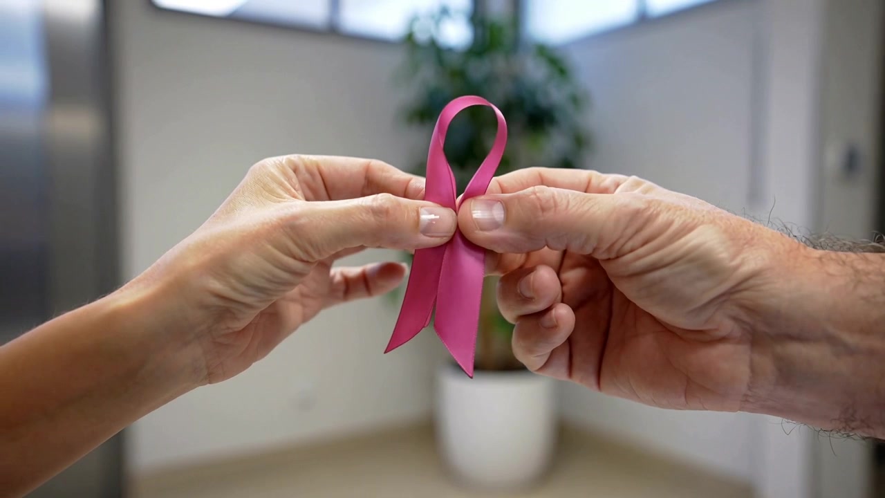 Due mani che si avvicinano dai lati per stringere un nastro rosa in una clinica, accanto a una pianta in vaso
