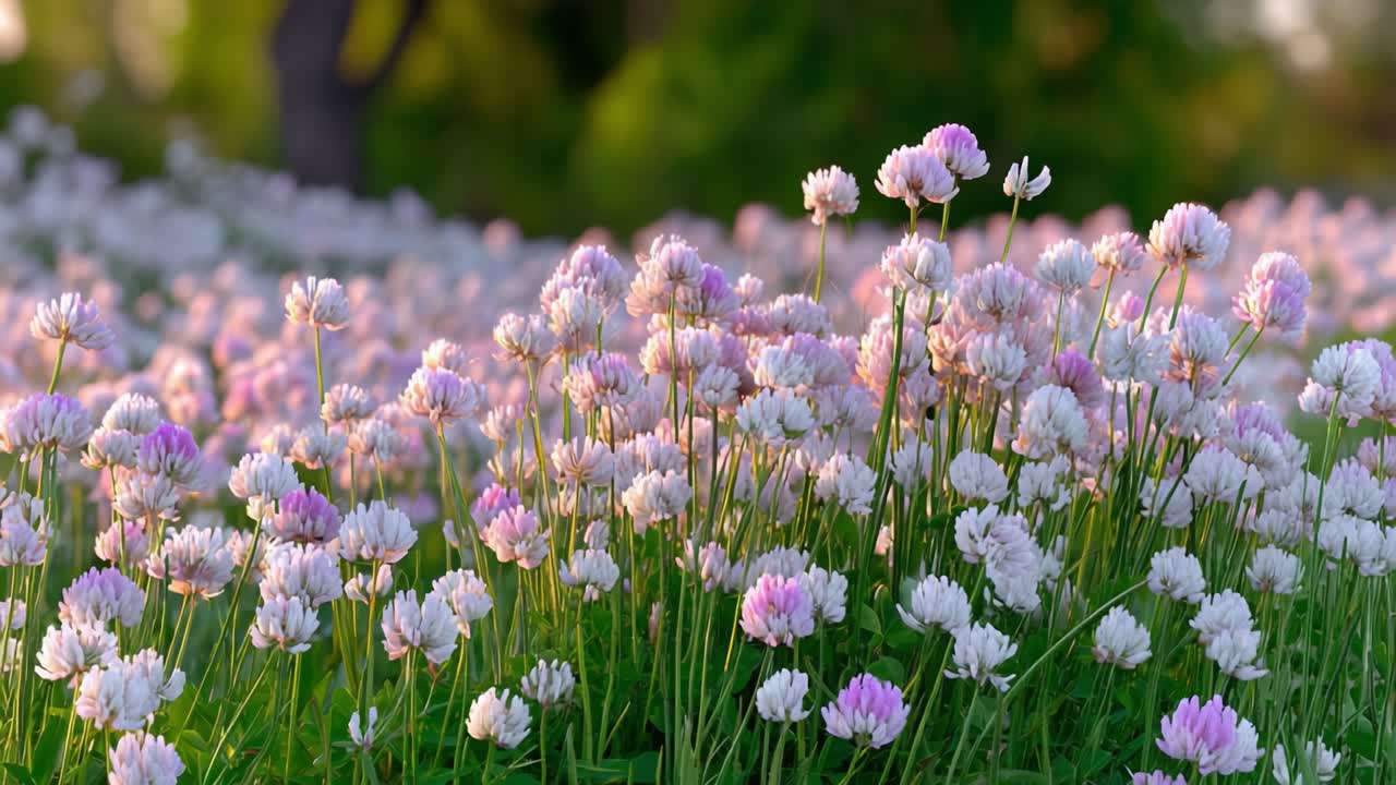 Beautiful Meadow Filled with Vibrant Clusters of Pink and White Clover Blossoms Bathed in Soft Golden Light During a Serene Sunset