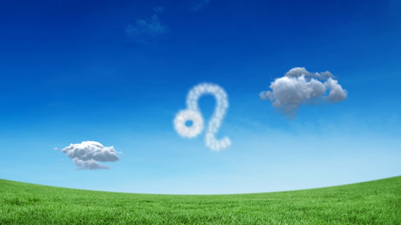 레오 별의 조디악 표지판의 애니메이션은 초원 위의 파란 하늘에  ⁇  구름으로 형성됩니다.