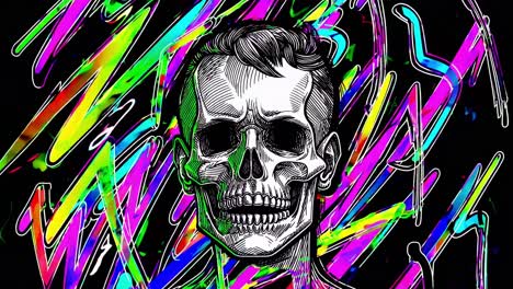 colorful psychedelic nightmare background featuring a realistic skull adorned with a modern haircut and piercings, creating a surreal and edgy piece of artwork bursting with vibrant energy