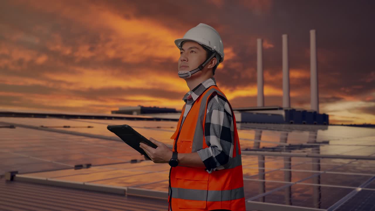Side View Of Asian Male Engineer With Safety Helmet Looking At The Tablet In His Hand And Looking Around While Standing, Inspecting Solar Panels on Rooftop at Sunset